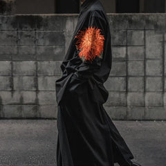 Yamamoto Style Red Flower Shirt Japanese Elongated Dark Embroidered Floral Top Unisex Loose Fitting Long Sleeved Shirts