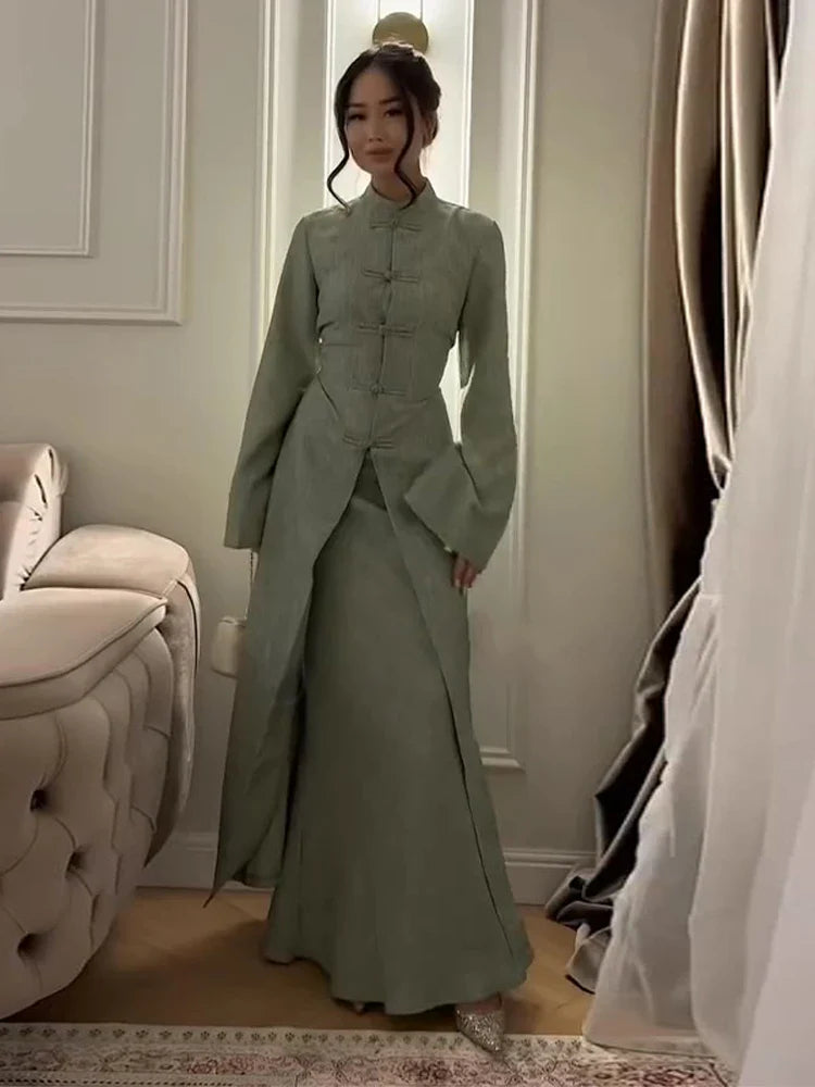 Elegant Top Skirt Sets Chinese Buckle Full Sleeve Long Coat A-line Maxi Skirts Set Lady Suits