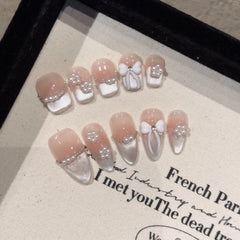 Handmade Press on Nails Sweet Bowknot Pearl Decor French Fake Nails