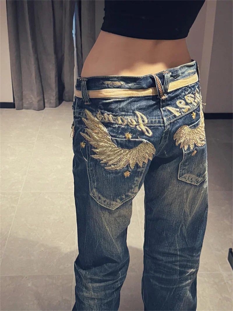 American Personalized Gold Wing Embroidered Jeans Children's Girl Design Sense Low Waist Micro Flared Pants