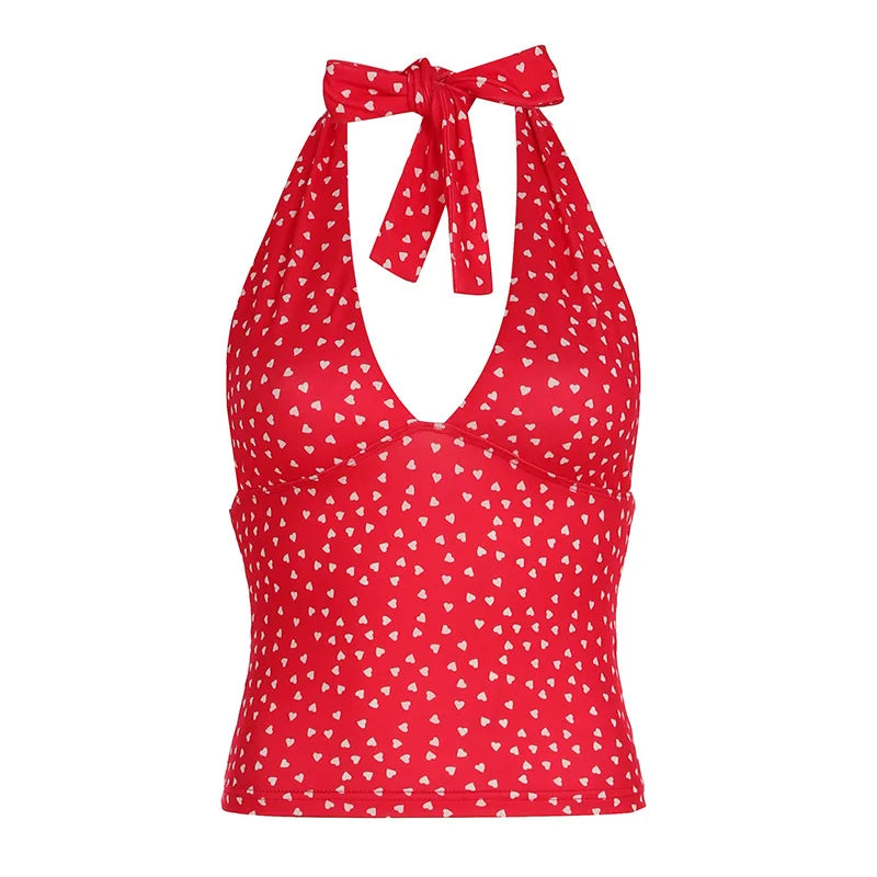 Y2k Sweet Halter Tanks Skinny Sleeveless Print Hotsweet V-Neck Backless Blouses