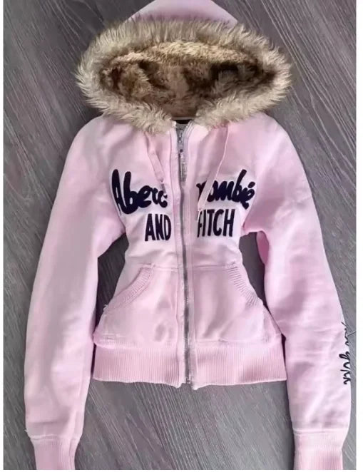 Retro Y2K American Spice Girl Coat Leopard Print Powder Black Contrast Stitching Skull Letter printed Hooded Sweater