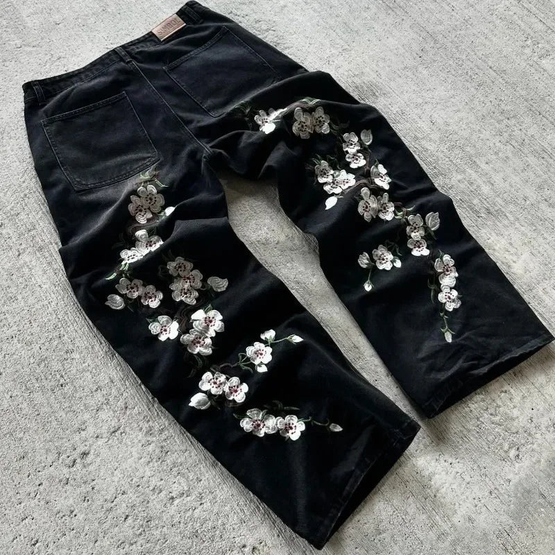Harajuku Hip Hop baggy jeans Y2K goth plum blossom Embroidered jeans man American style street wear