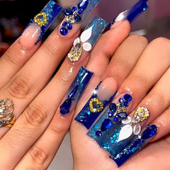 24pcs Rhinestones Full Cover Nail Art Datachable Glitter French Press on Nails Tip Flower Long Square Fake Nail Pink False Nails