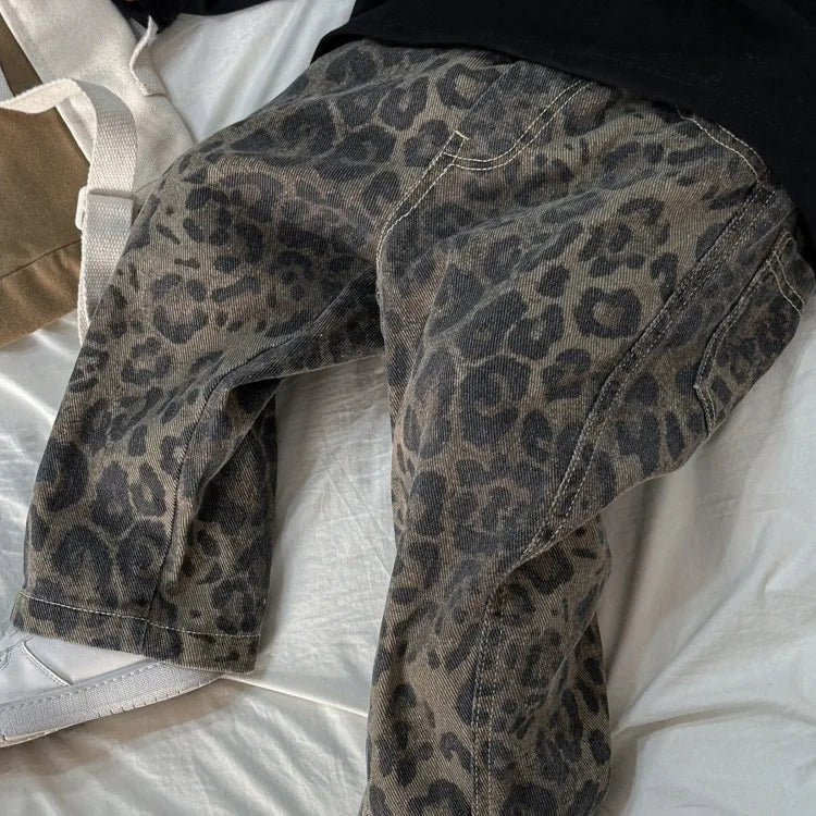 Hip Hop Casual Loose Children's Pants Children's Pure Cotton Leopard Pattern Jeans Trendy Casual Pants