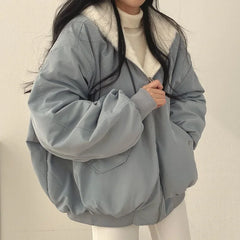 Korean Casual Cashmere Padded Double-Sided Lamb Wool Cotton-Padded Jacket Y2K Zipper Hooded Cotton-Padded Jackets Coat