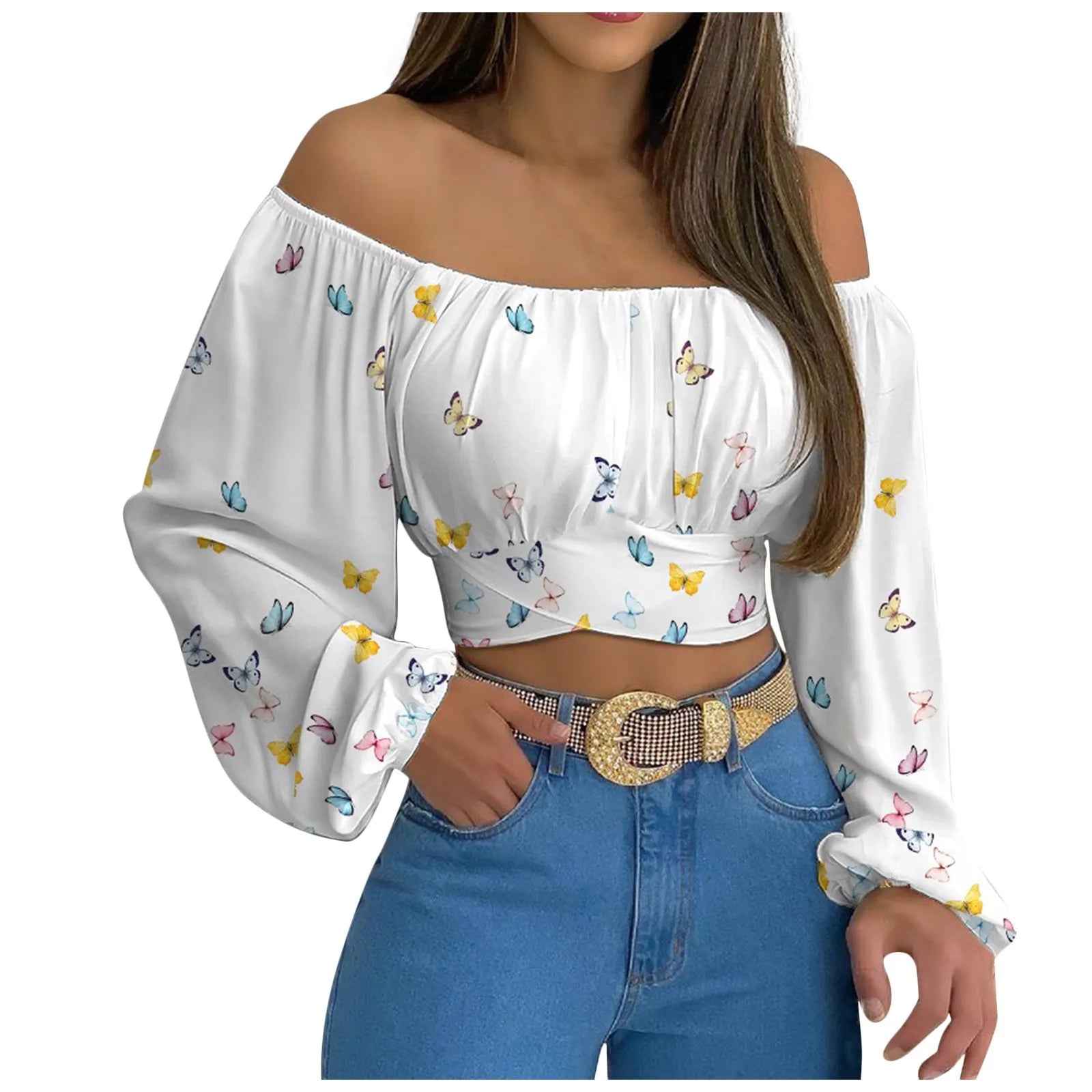 Off Shoulder Shirts Puff Long Sleeve Y2K Crop Tops Clothes Black White Blouse Bandage Elegant Shirt