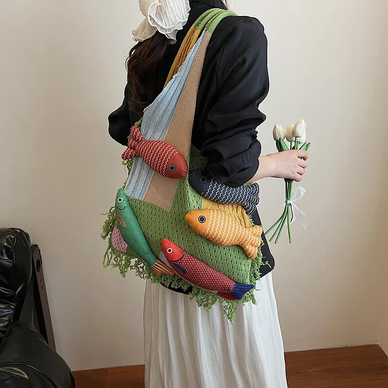 Cute Little Fish Relaxed Knitted Bag Commuter Versatile Shoulder Bag Contrasting Cut Out Tote Bag