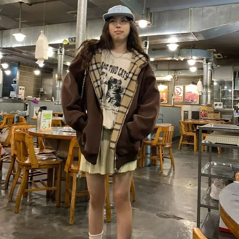 Brown Zip Up Hoodie Lattice stitching Long Sleeve Casual Oversized Sweatshirt Solid Jacket Clothing