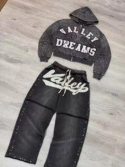 Y2K American Gothic Punk Sportswear Two Piece Set Unisex Hip Hop Rock Patch Print Loose Zip Hoodie Casual Sweatpants
