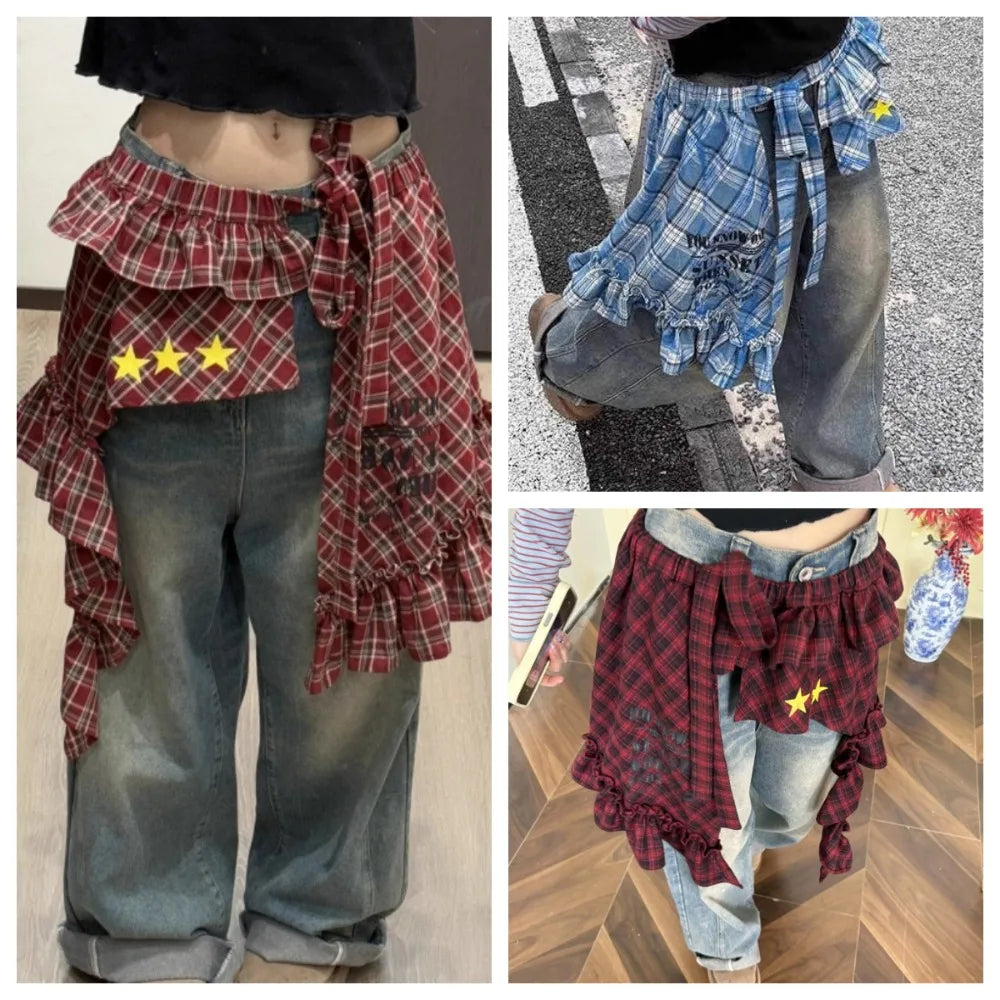 Adjustable Star Layer Outfits Plaid Skirt Hip-hop Sweet Lace Up Hip Scarf Korean Style Y2K Ruffled Edge Waistband Jeans Decor