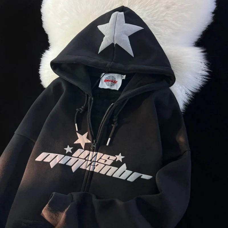 Y2K American Letter Printed Zip-up Hoodies Street Harajuku Style Sweatshirt Couple Casual Loose Plus Velvet Hoodie