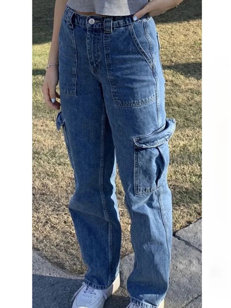 Korean Wide Leg Baggy Jeans Lady Chic Y2K Punk High Waist Cargo Denim Pants Streetwear Pockets Trashy Skater Trousers