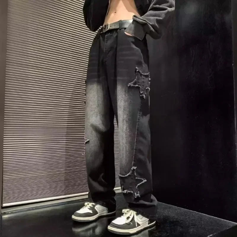 Stars Towel Embroidery Brown Jeans Y2K Clothes Straight Hip Hop Cotton Trousers Pantalon Homme