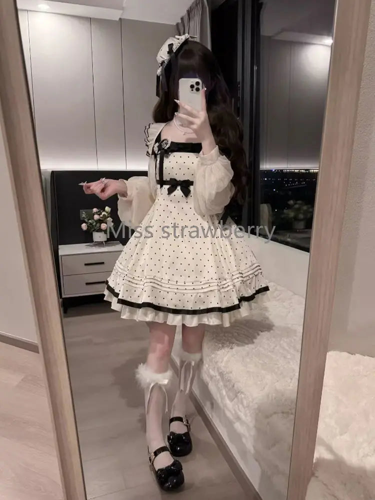 Design Sweet Kawaii Polka Dot Lolita Dress France Elegant Bow 2-piece Set Long Sleeve Short Cardigan