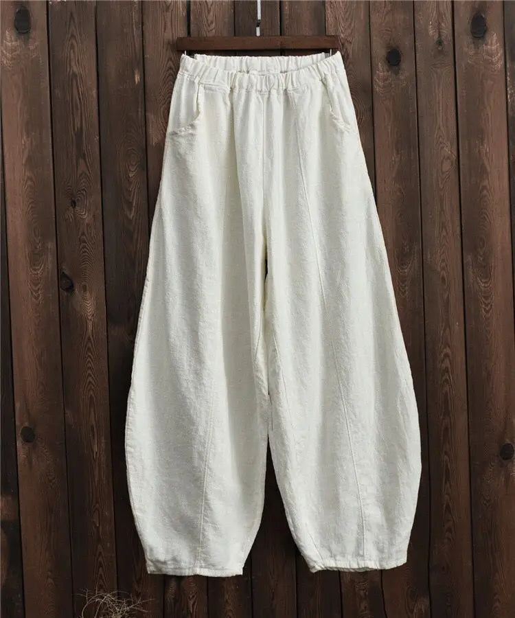 Cotton Linen Bloomers Wide Leg Pants Vintage Full Length Elegent Pants Solid Elasitic Waist 5XL