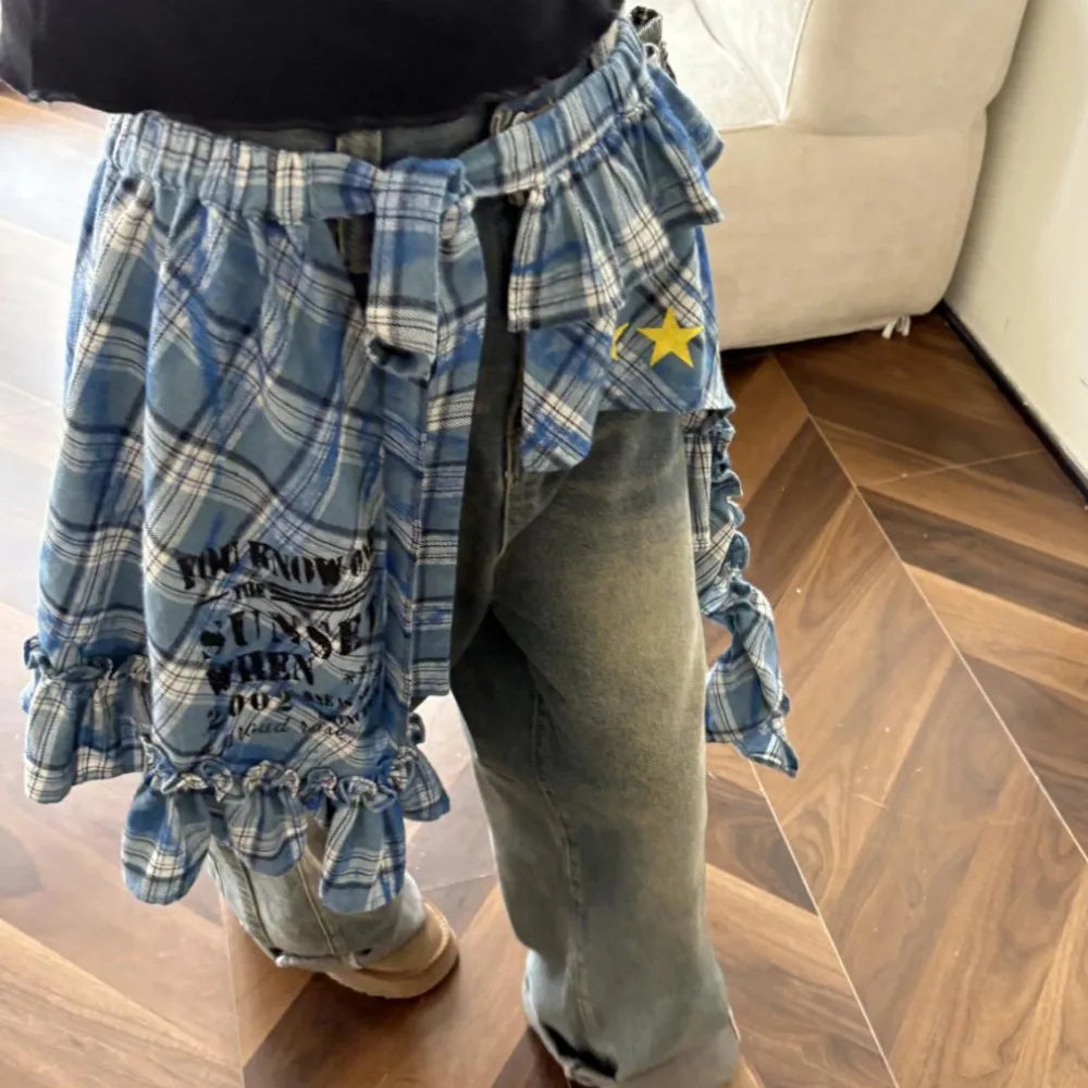 Star Layer Outfits Plaid Skirt Hip-hop Shirt Extender Lace Up Hip Scarf Y2K Korean Style Ruffled Edge Waistband