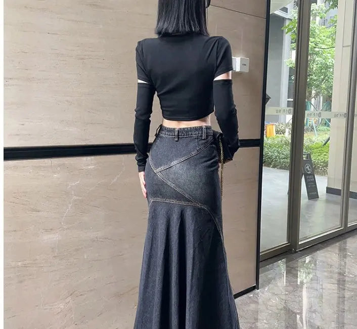 Maxi Skirt Casual Mermaid Streatwear High Waist Zipper Denim Skirts Y2k Streetwear Loose Long Mom Jeans Ankle Lenth