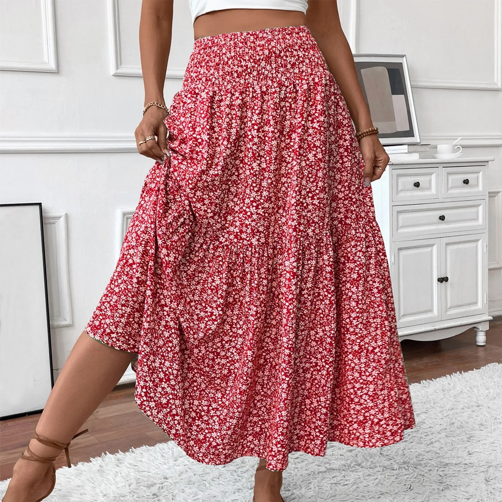 Pleated Floral Print Elastic Waist Loose Splicing A Line Skirt Skirts