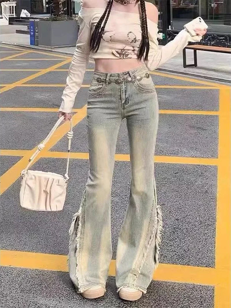 Vintage Blue Jeans High Waist American Retro 90s Raw Material Edge Design Y2k Denim Pants Streetwear Wide Leg Jeans