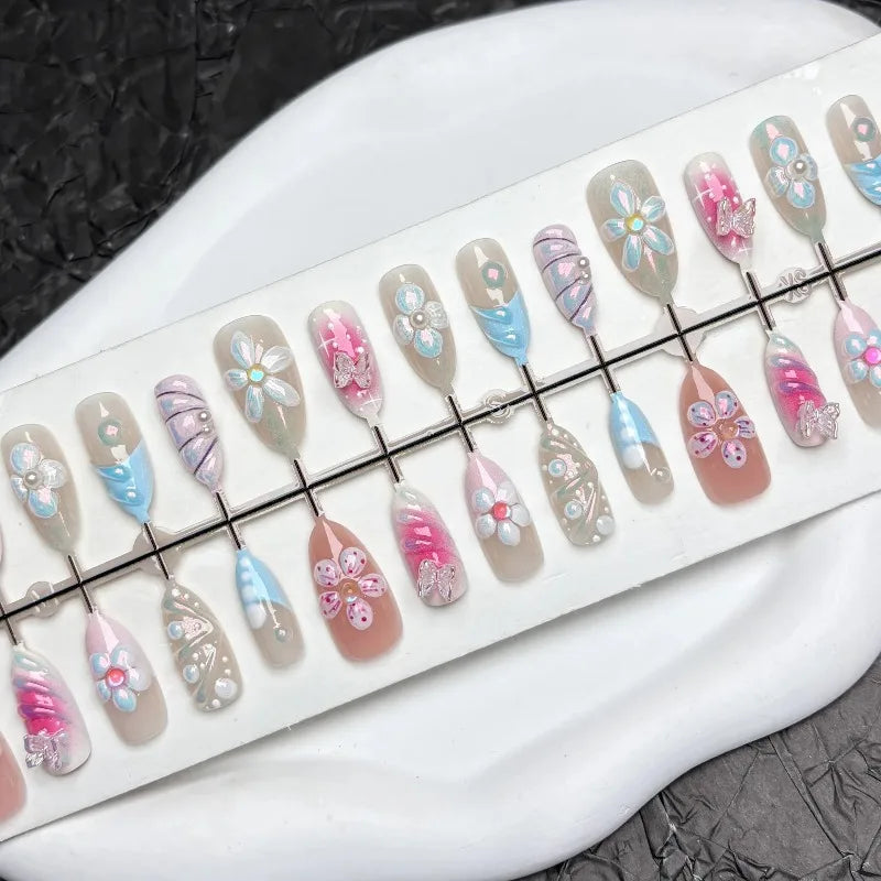 24PCS Sweet Pink Blush French Almond Press on Nails 3D Flower Ripples Fake Nails