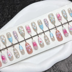 24PCS Sweet Pink Blush French Almond Press on Nails 3D Flower Ripples Fake Nails