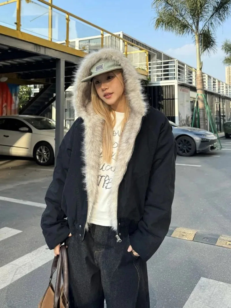 American Street Fur Collar Zipper Hooded Jacket Retro Velvet Thickened Warm Loose