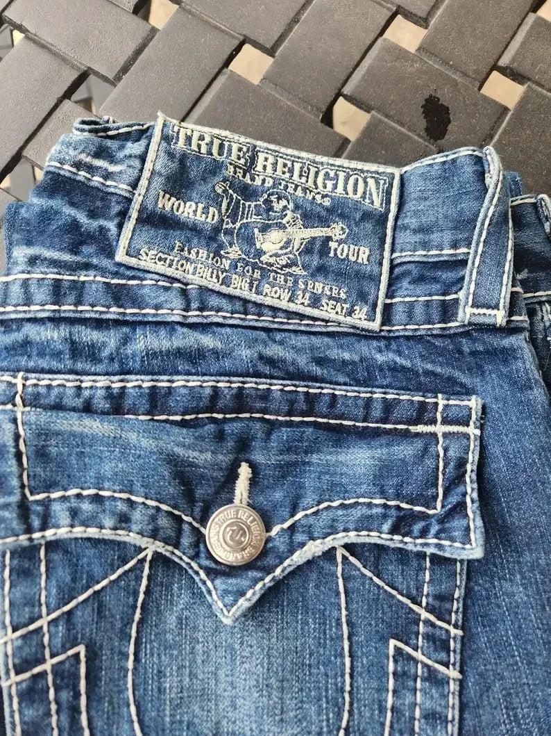 Harajuku Gothic Retro Pocket Embroidered Blue Baggy Jeans Buddha Embroidery Logo Jeans Y2K Low Waist Wide Leg Trousers