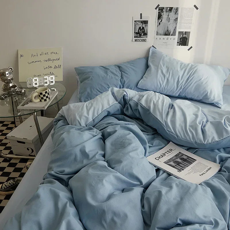 Solid Color Double Washed Cotton Bedding 4 Pieces Set Student Dormitory Bed Linen Duvet Set Bed Suit