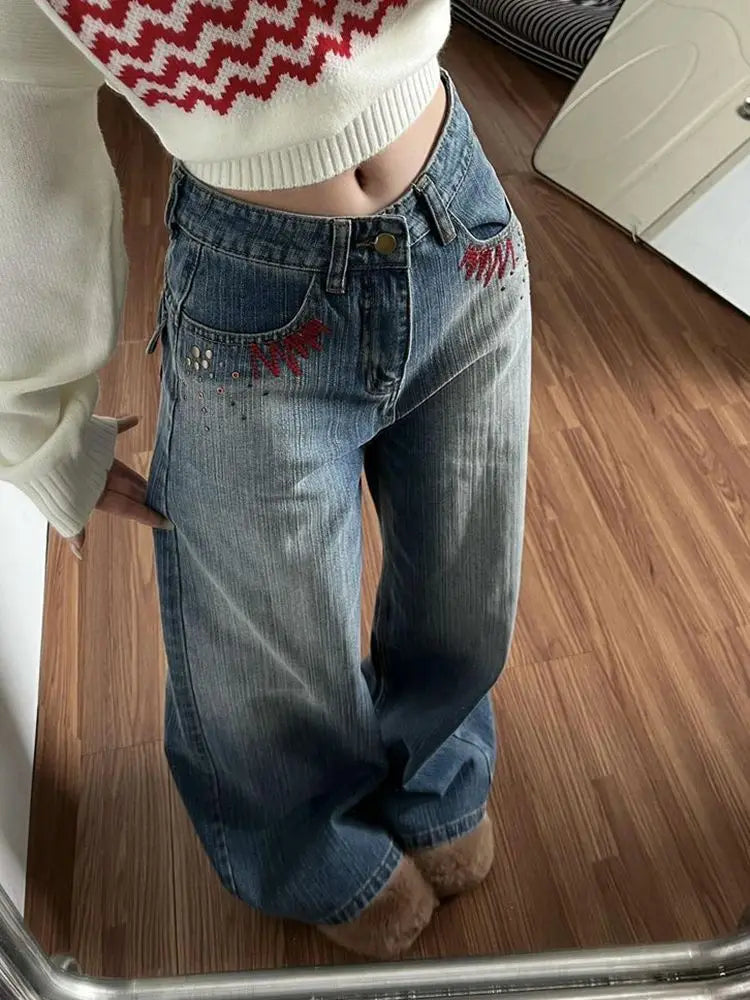 American Embroidery Stamping Design Trendy Cool High Waisted Straight Leg Jeans