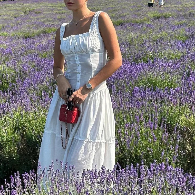 CandyElegant Square-neck White Maxi Dress Casual Slim Lace Up Sleeveless Dreses French Party Beachwear Vestidos