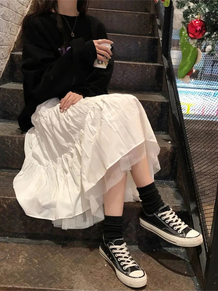 Long Tulle Midi Skirts  Elastic High Waist Mesh Tutu Pleated Skirts Black White Long Skirt Streetwear