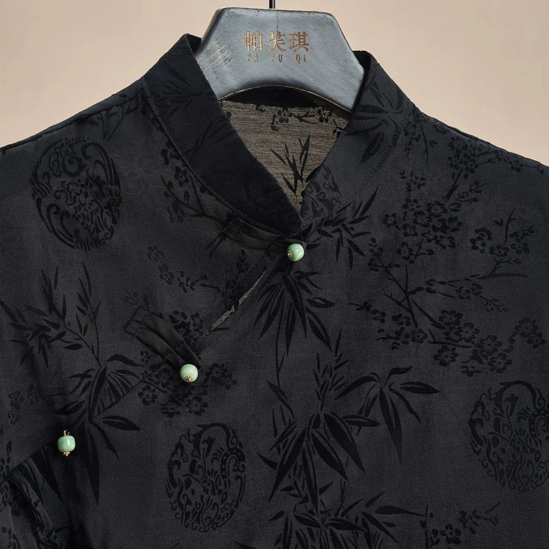 Retro Thin Shirt Chinese Style Cheongsam Top Black Jacquard Short Sleeve T-shirt Mature Clothing