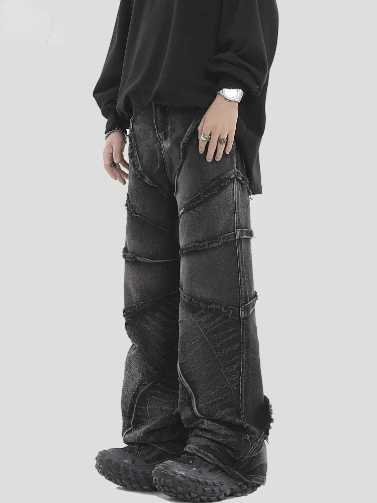 National Tide Couples American Raw Edge Stone Mill Washed Jeans Y2K Gothic Punk Style Loose Straight Tube Make Old Trousers