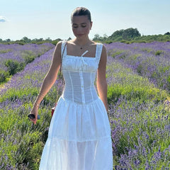 CandyElegant Square-neck White Maxi Dress Casual Slim Lace Up Sleeveless Dreses French Party Beachwear Vestidos