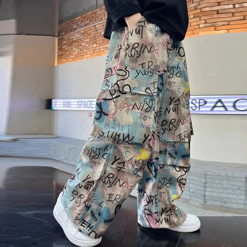 Child Pants Boys Trousers Teenager Clothing Kids Wide-legged Trousers Boy Letter Loose Pants