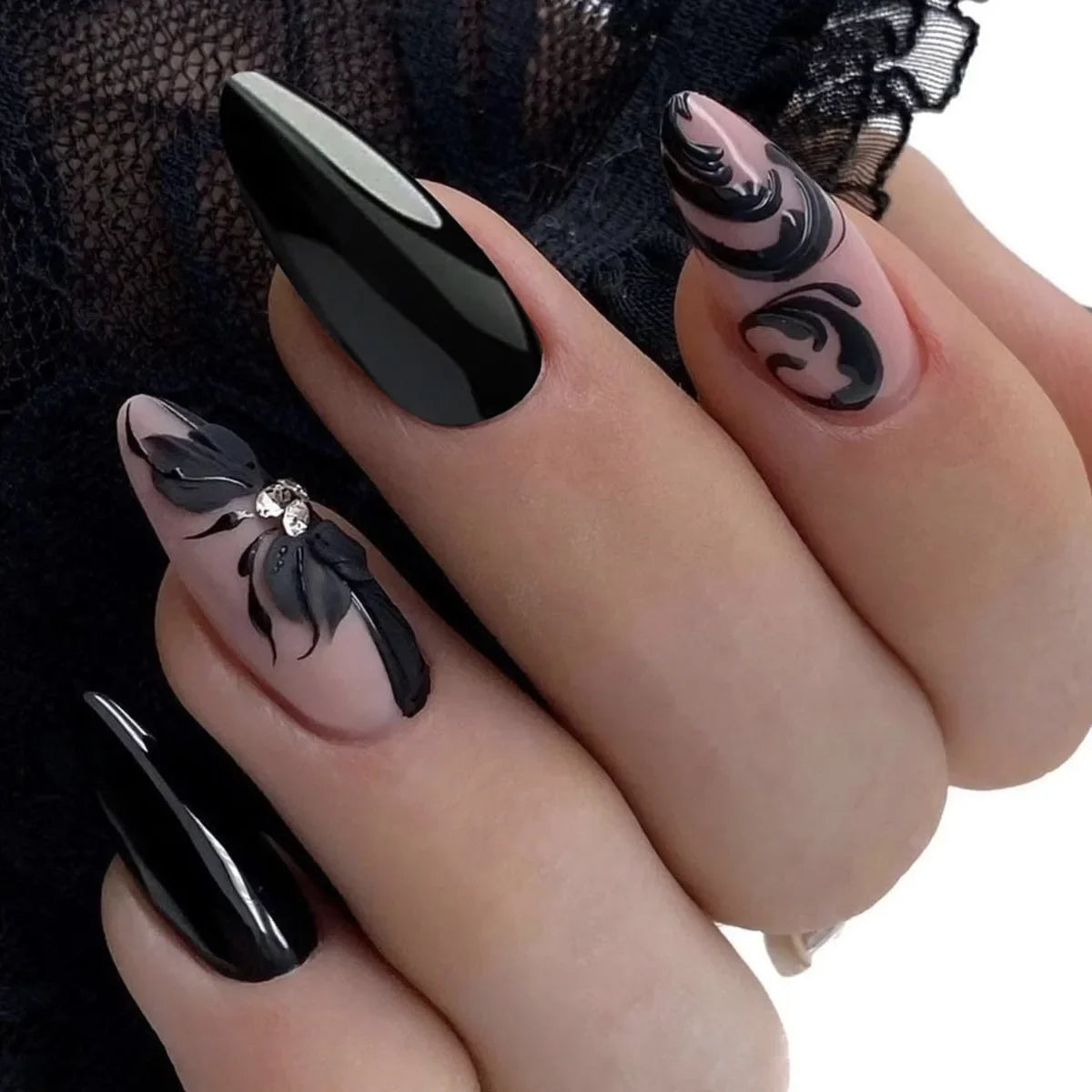 24Pcs Matte Almond False Nails with Glue Glitter Butterfly Fake Nail Press Ons Black Gradient Artificial Nail Tips