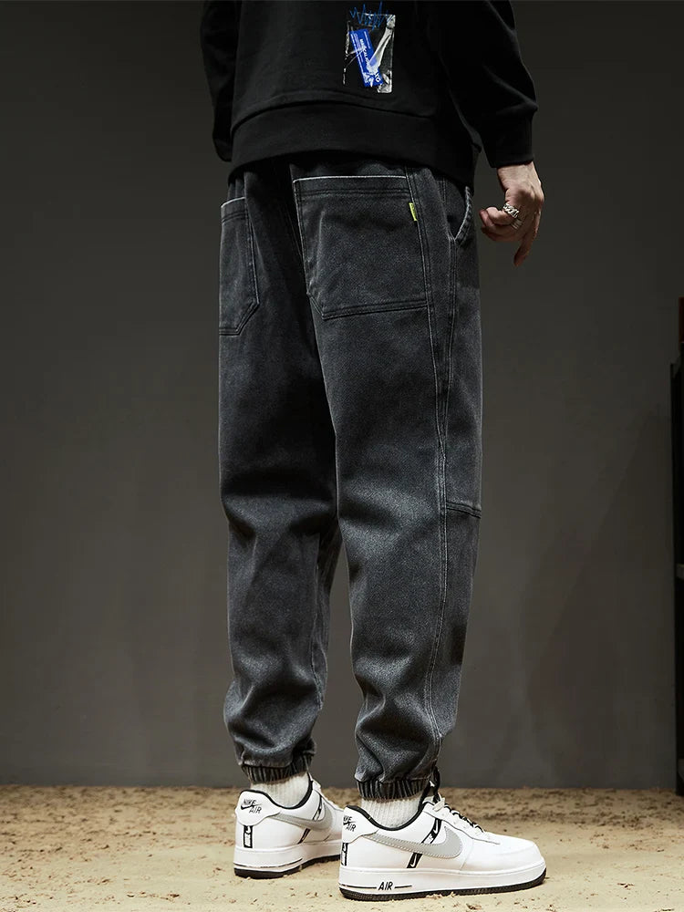 Cargo Jeans Slight Stretch Cotton Denim Jogger Pants Black Blue Streetwear Baggy Jeans