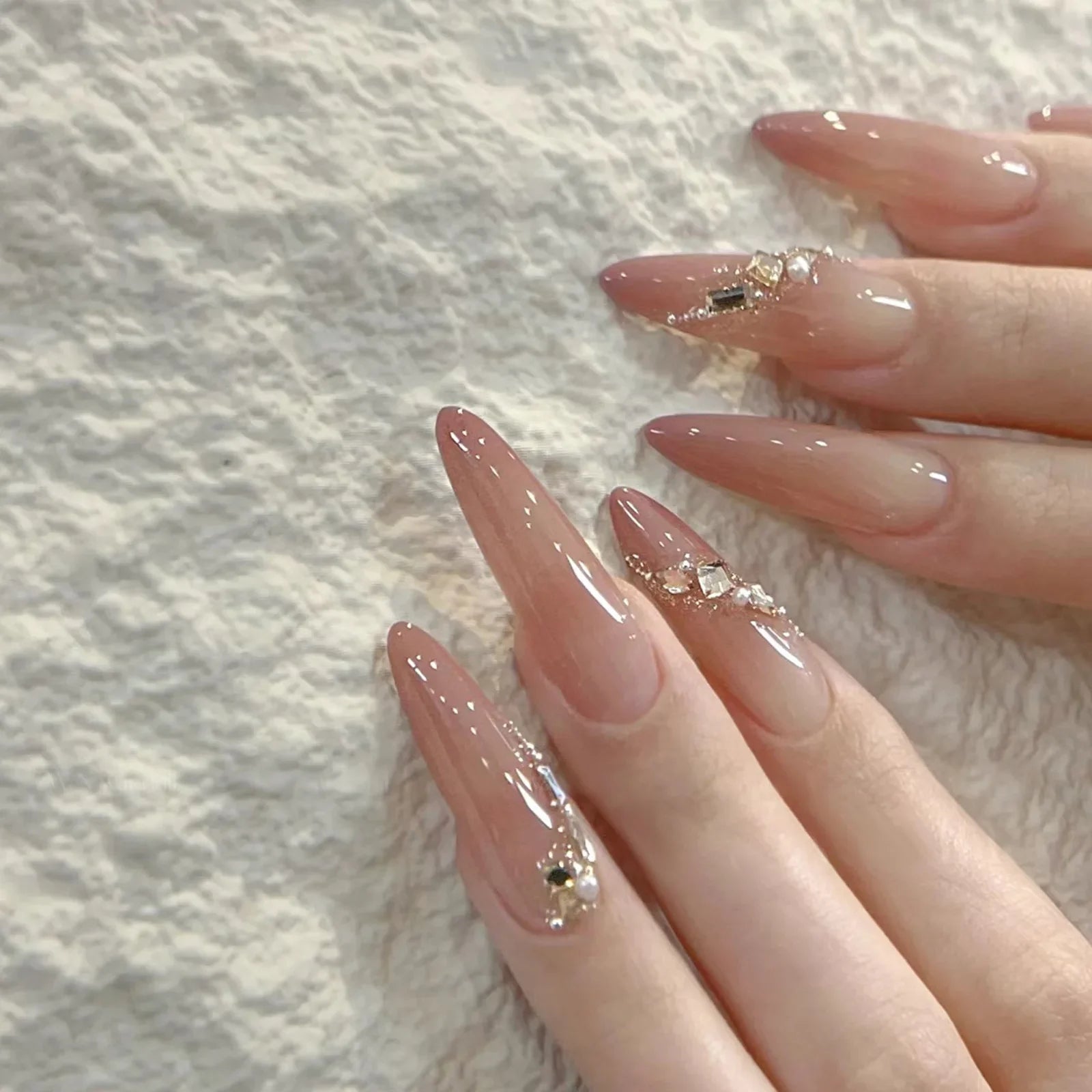 24Pcs Almond Pure Handmade Press On Nails Full Cover Butterfly French Pearl Diamond False Nails Wearable Manicure Nail Tips Art