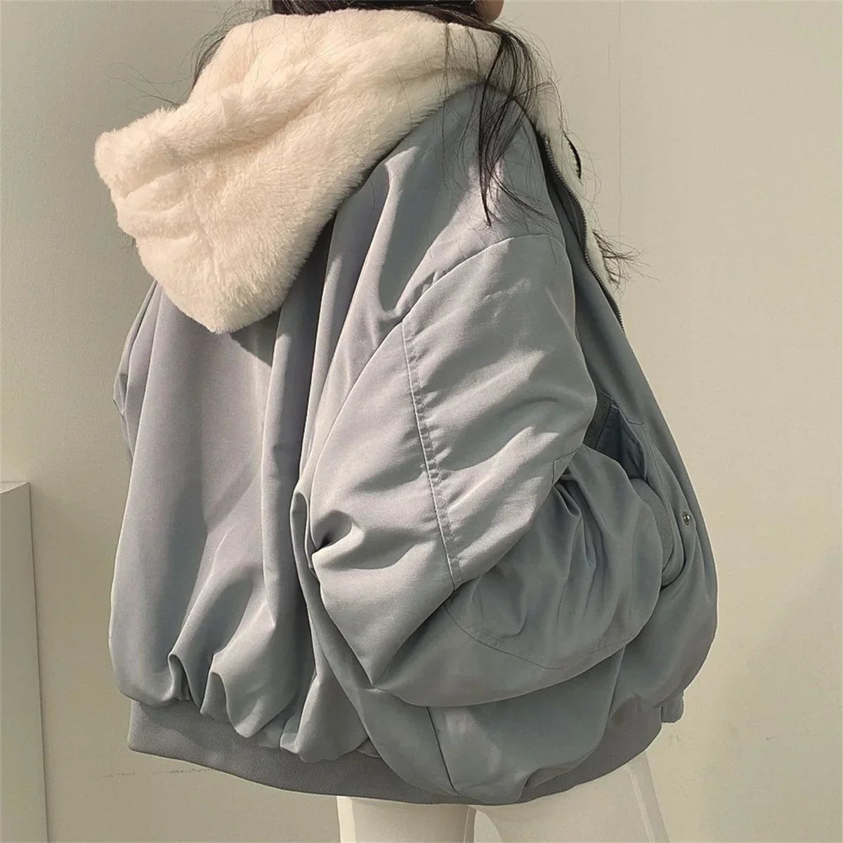 Both Sides Thicken Coat Zipper Hooded Jacket Oversized Elegant Solid Warm Coats Casual Ladies Outerwear