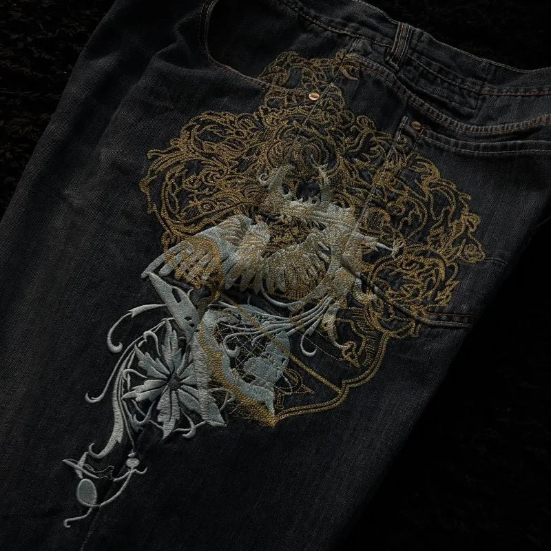 American Oversize Pattern Embroidered Baggy Jeans Y2K Gothic Harajuku Hip Hop Straight High Waist Wide Leg Pants