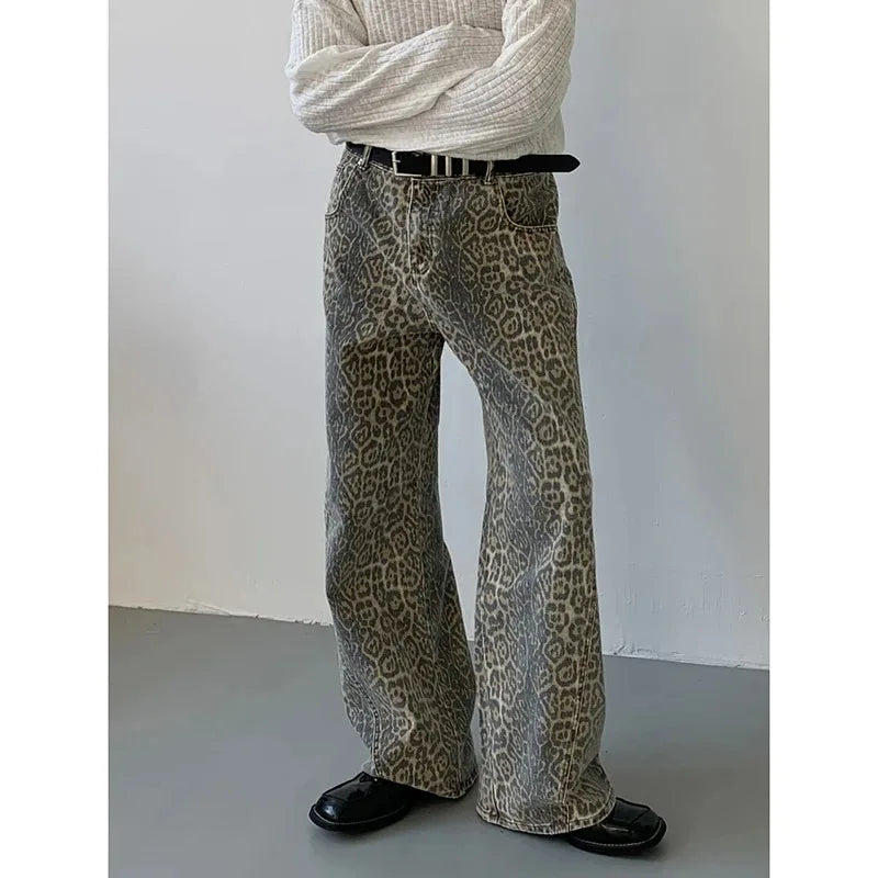 Jeans Leopard High Waist Hip Hop Straight Pants Streetwear Harajuku Y2K Style Wide Leg Denim Trousers