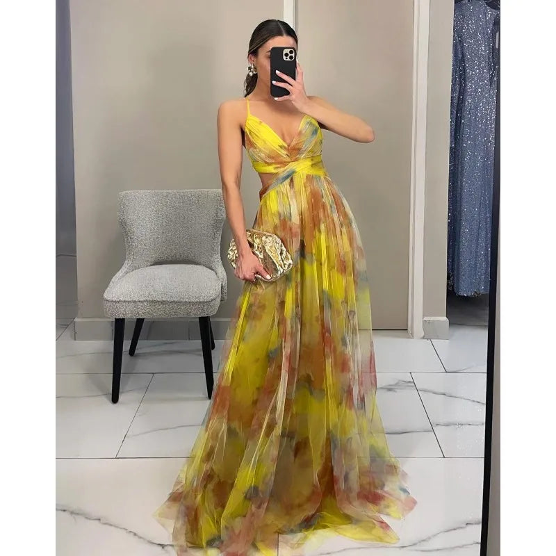 Elegant Print Pleated Mesh Evening Dress Off Shoulder Ins Vacation Long Dress V Neck High Waist Backless Sling Dress