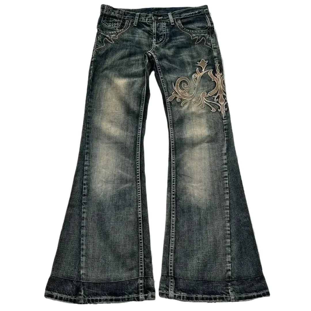 Y2K American retro embroidery pattern horn -shaped jeans street Gothic slim mop pants jeans