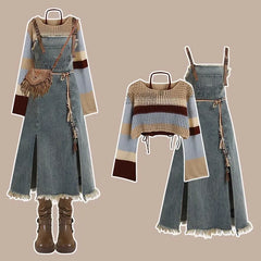 Vintage Denim Skirt Matching Set Elegant Loose Hollow Knitted Shirt+Split Dress Two Piece Suit