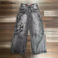 Mens Jeans Y2K Vintage Streetwear Black Gray Wide Leg Denim Pants Abstract Print Washed Distressed Loose Fit Dark Punk