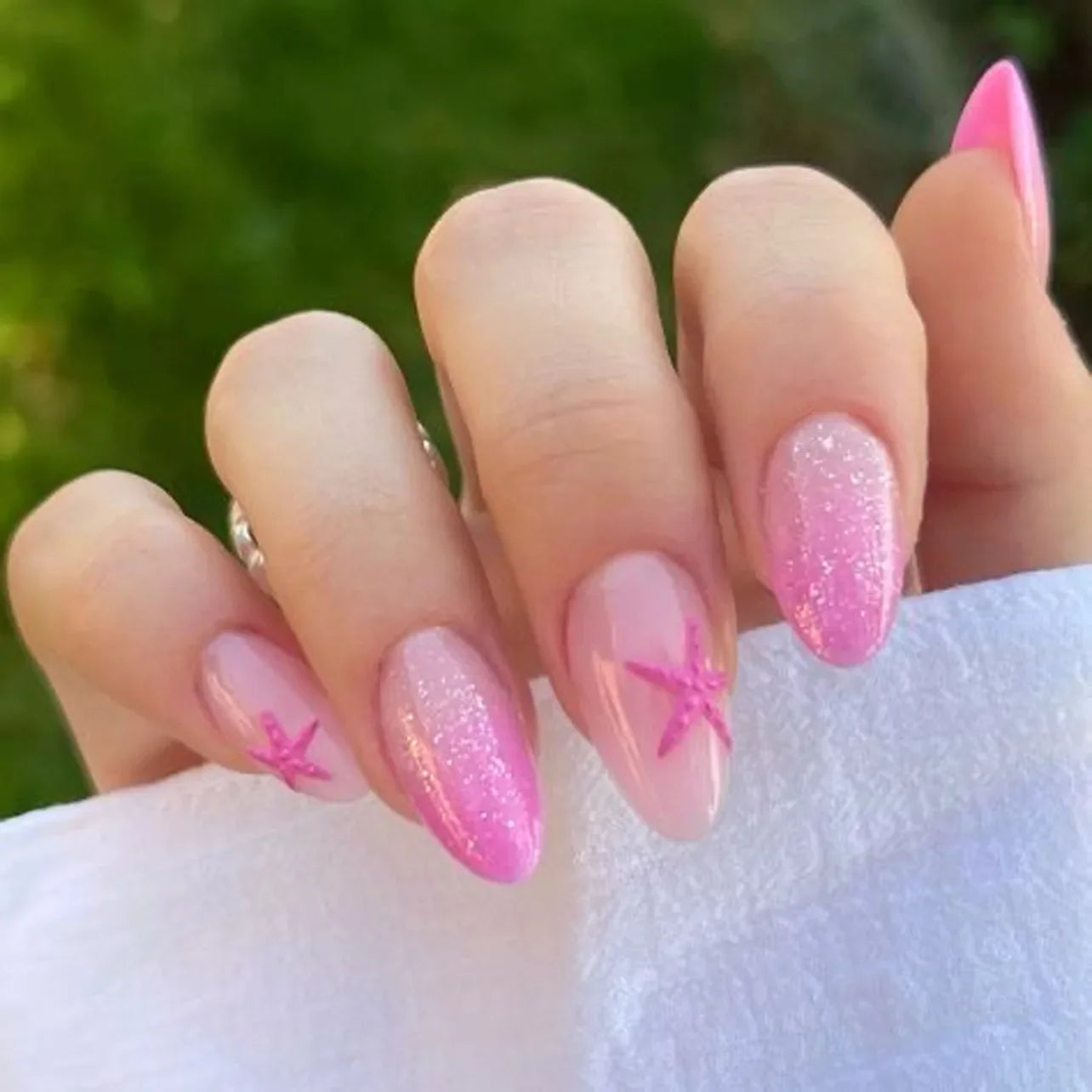 Blue White French 3D Flower Shell Nail Art Beach Almond False Nails Detachable Finished Fake Nails Press on Nails