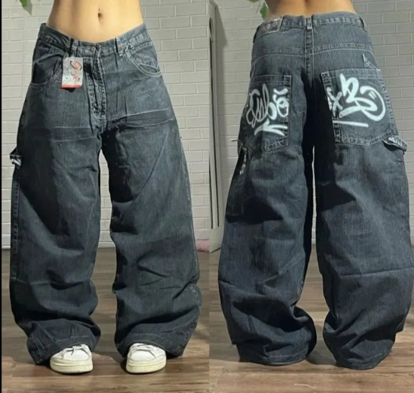 American Harajuku Vintage Print Jeans Y2K Washed Gray Straight Pants Street Gothic Loose Unisex Trousers Tide