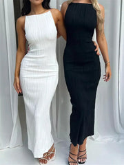 Long Dress Ruched Sleeveless Slim Solid Party Back Split Dress Clubwear Vestido Outfits