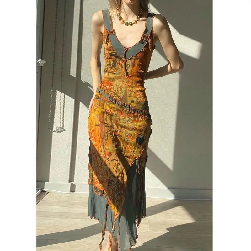 Harajuku Irregular Y2k Vestidos Korean Fairy Elegant Sleeveless Dresses Personality Vintage Print Dress